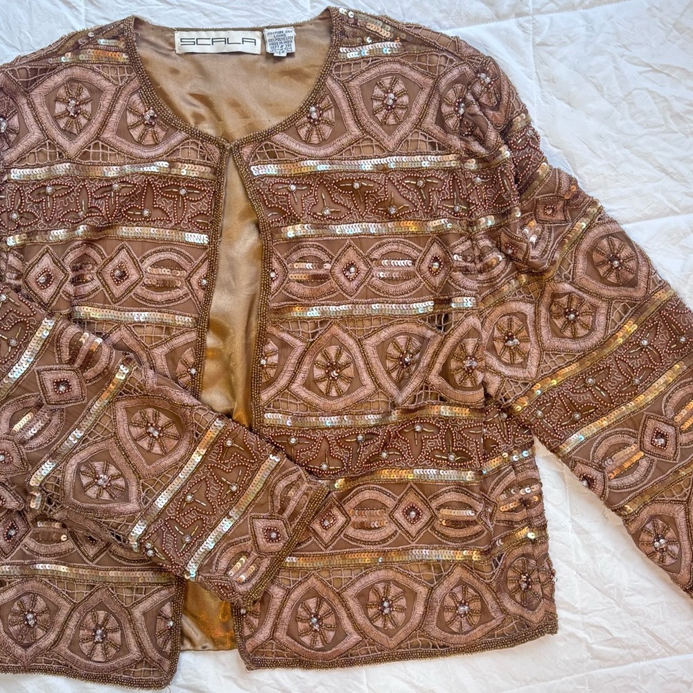 Scala Embellished Beaded Tan Jacket Size L